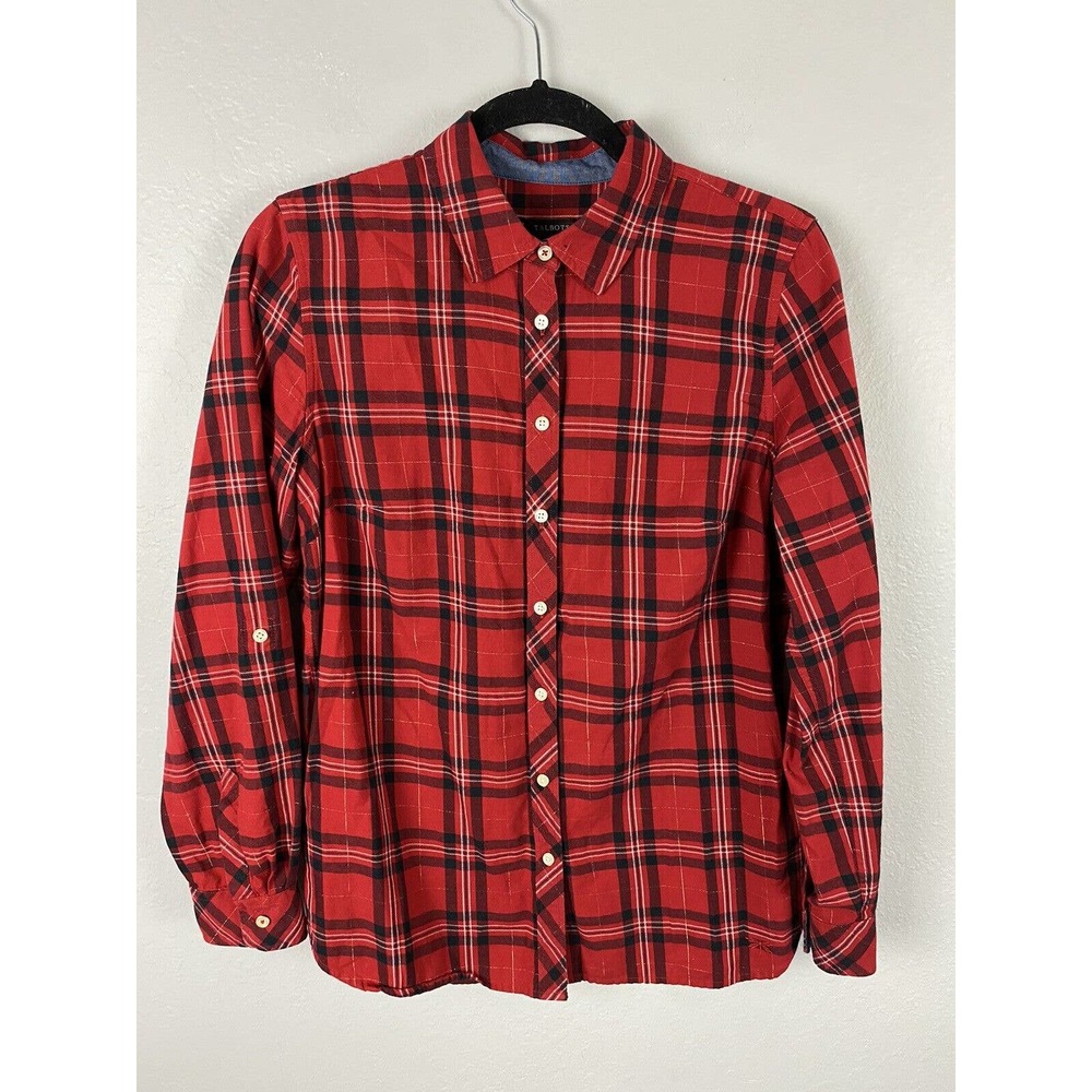 Talbots Women’s MEDIUM Button Up Long Sleeve Lightweight Flannel Red Plaid Top